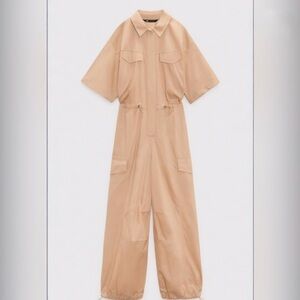 Zara Tan Cotton Utility Cargo Jumpsuit Belted Waist NWT